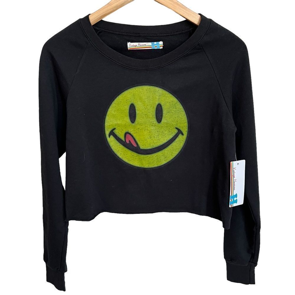 NWT Vintage Havana Smiley Face Cropped Sweatshirt Black Juniors Large